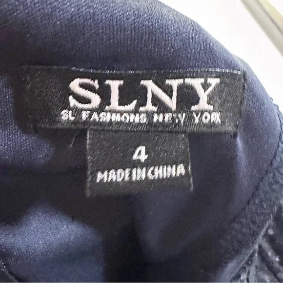 SLNY Navy Blue Sequin Lace Short Sleeve Midi Cocktail Evening Dress Size 4 NWOT - Picture 5 of 7